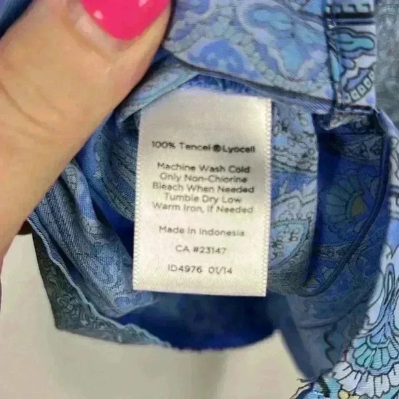 Talbots Womens Tunic Blue M 3/4 Button Front Long Sleeves Paisley Border Classy - Picture 10 of 11